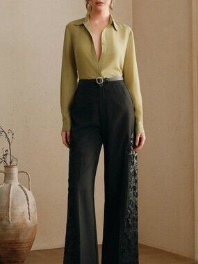 Green Casual Women's Elegant Collar Hollow Crochet Patchwork Long Sleeve Blouse